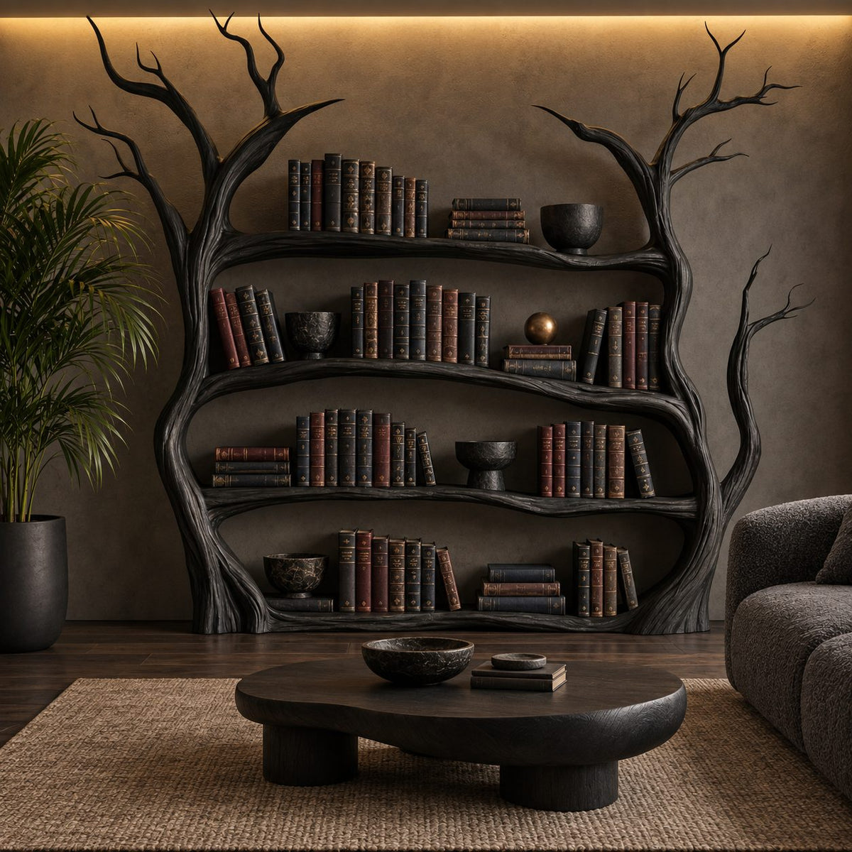 Tree Bookshelf, Large Freestanding Twin Trunk Bookcase with Curving Branch Shelves and Bare Branch Crown