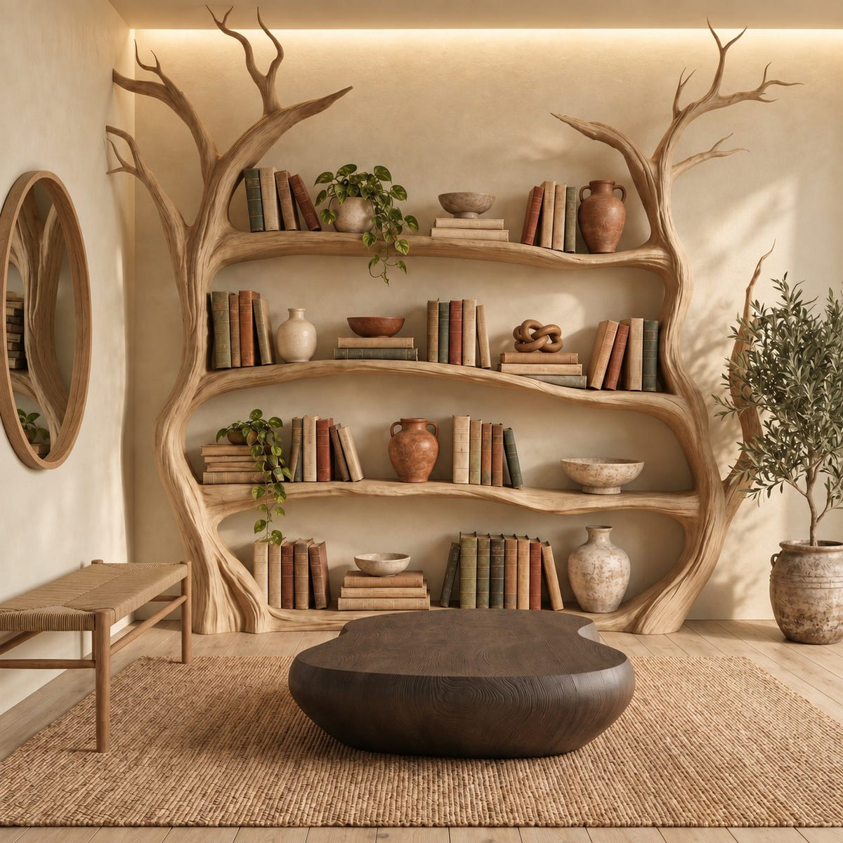 Tree Bookshelf, Large Freestanding Twin Trunk Bookcase with Curving Branch Shelves and Bare Branch Crown