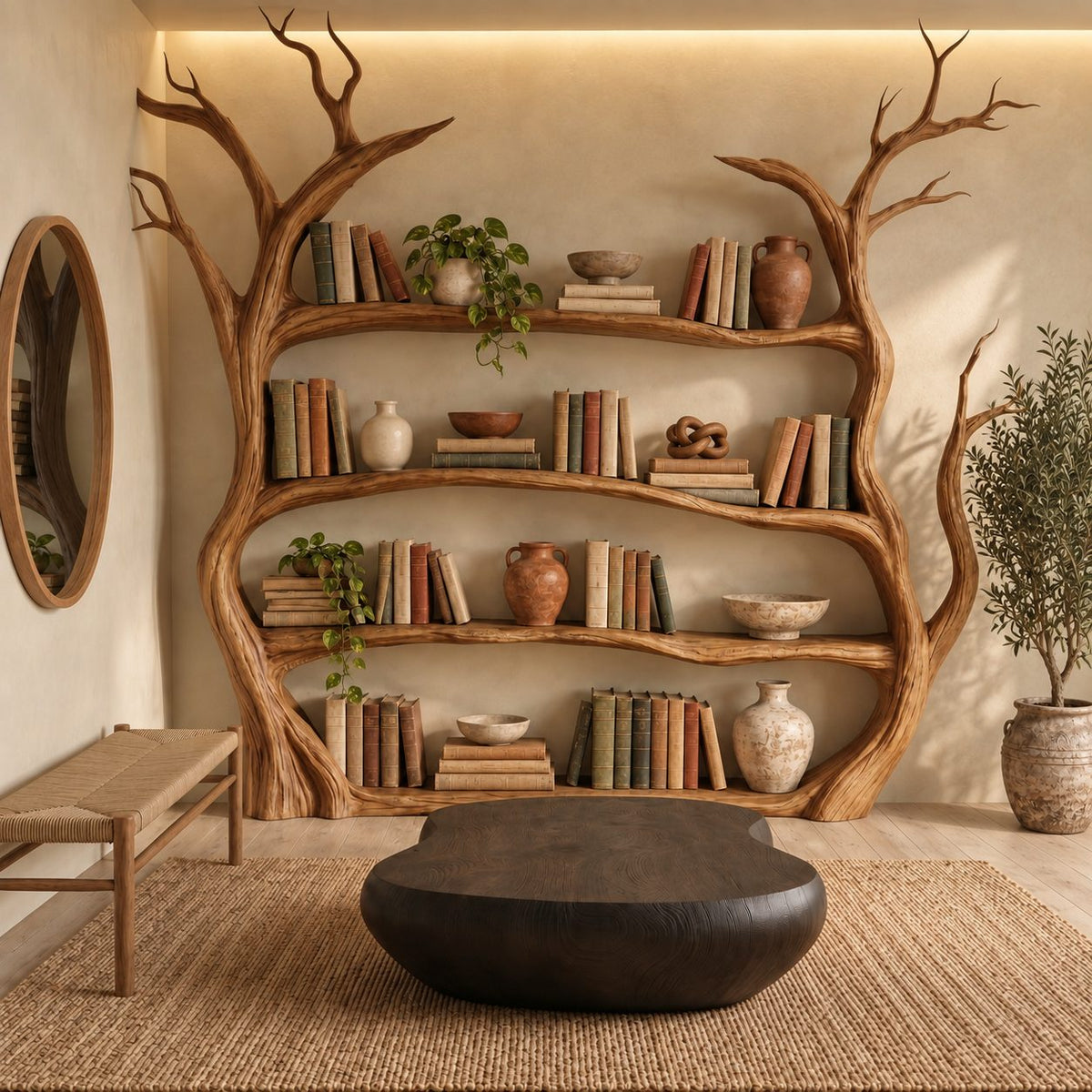 Tree Bookshelf, Large Freestanding Twin Trunk Bookcase with Curving Branch Shelves and Bare Branch Crown