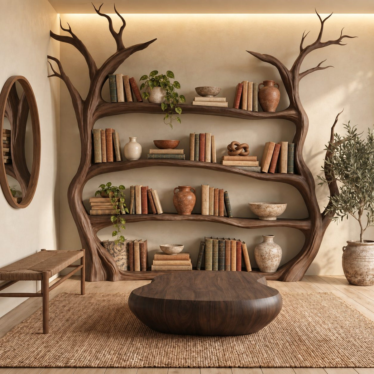 Tree Bookshelf, Large Freestanding Twin Trunk Bookcase with Curving Branch Shelves and Bare Branch Crown