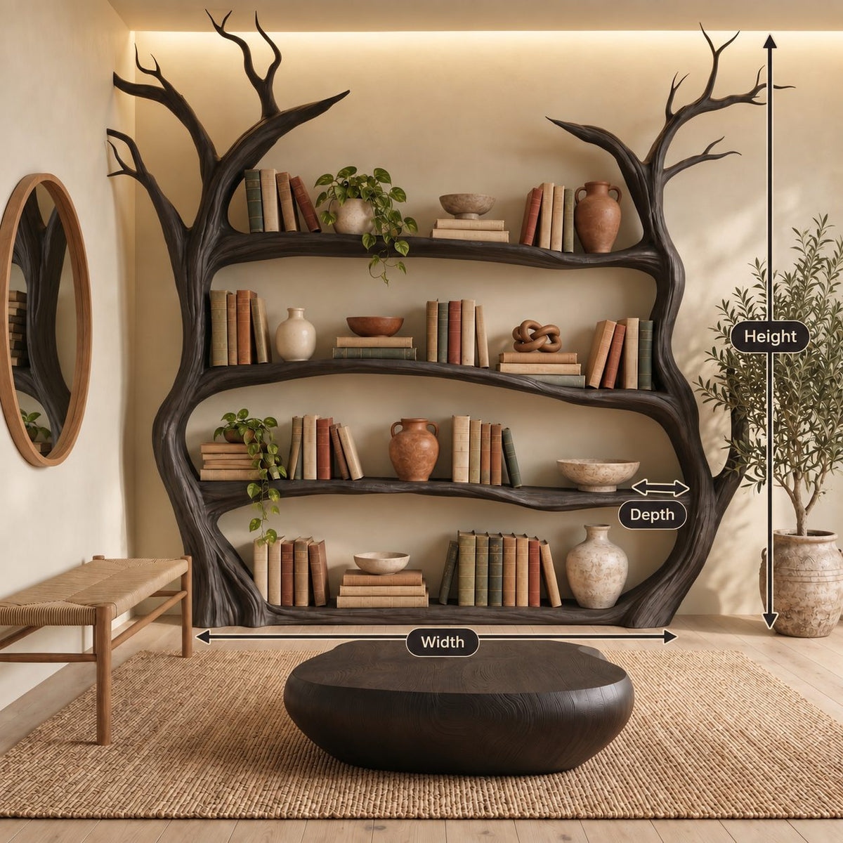 Tree Bookshelf, Large Freestanding Twin Trunk Bookcase with Curving Branch Shelves and Bare Branch Crown