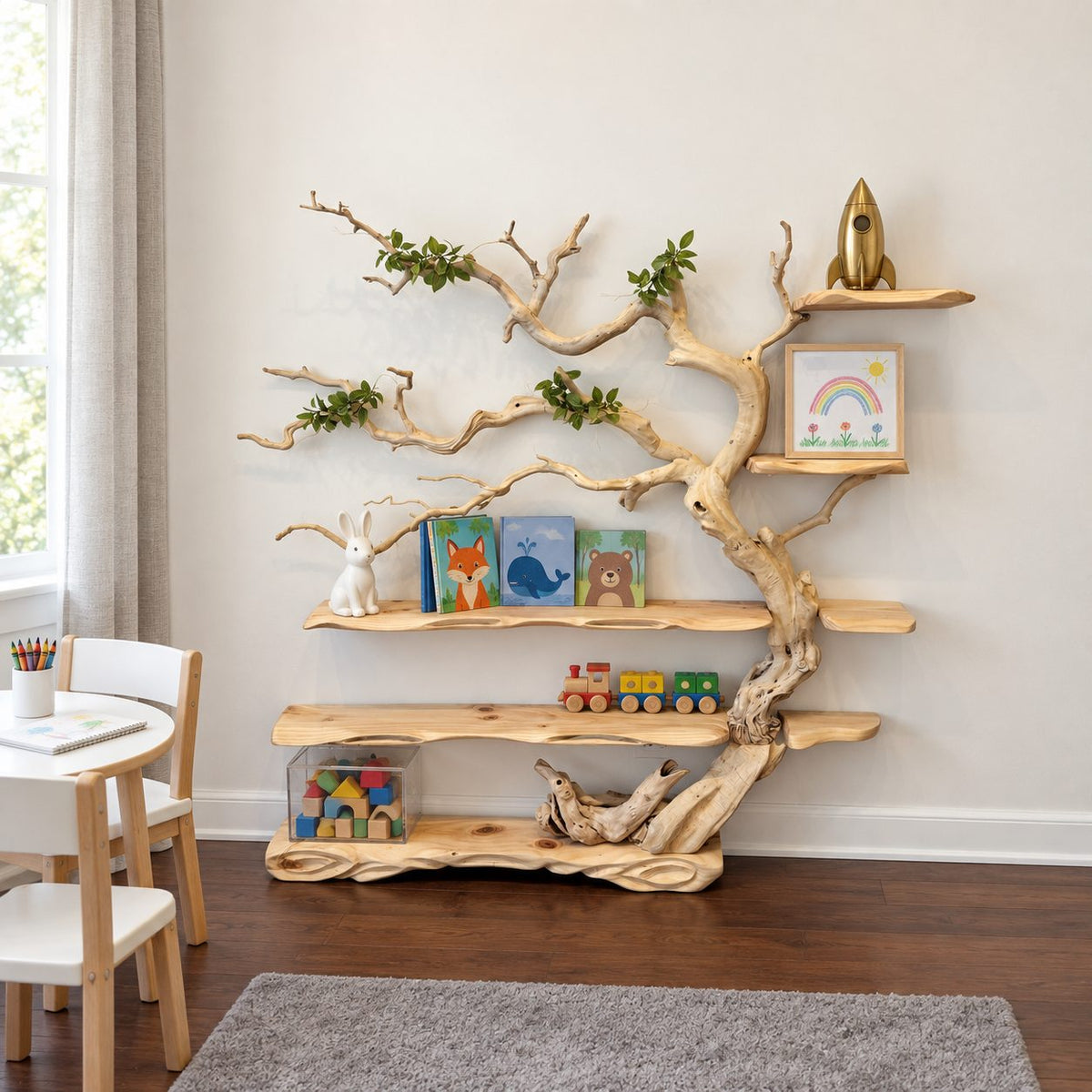 Tree Bookshelf, Standing Driftwood Style Branch Shelf with Long Live Edge Shelves for Kids Room