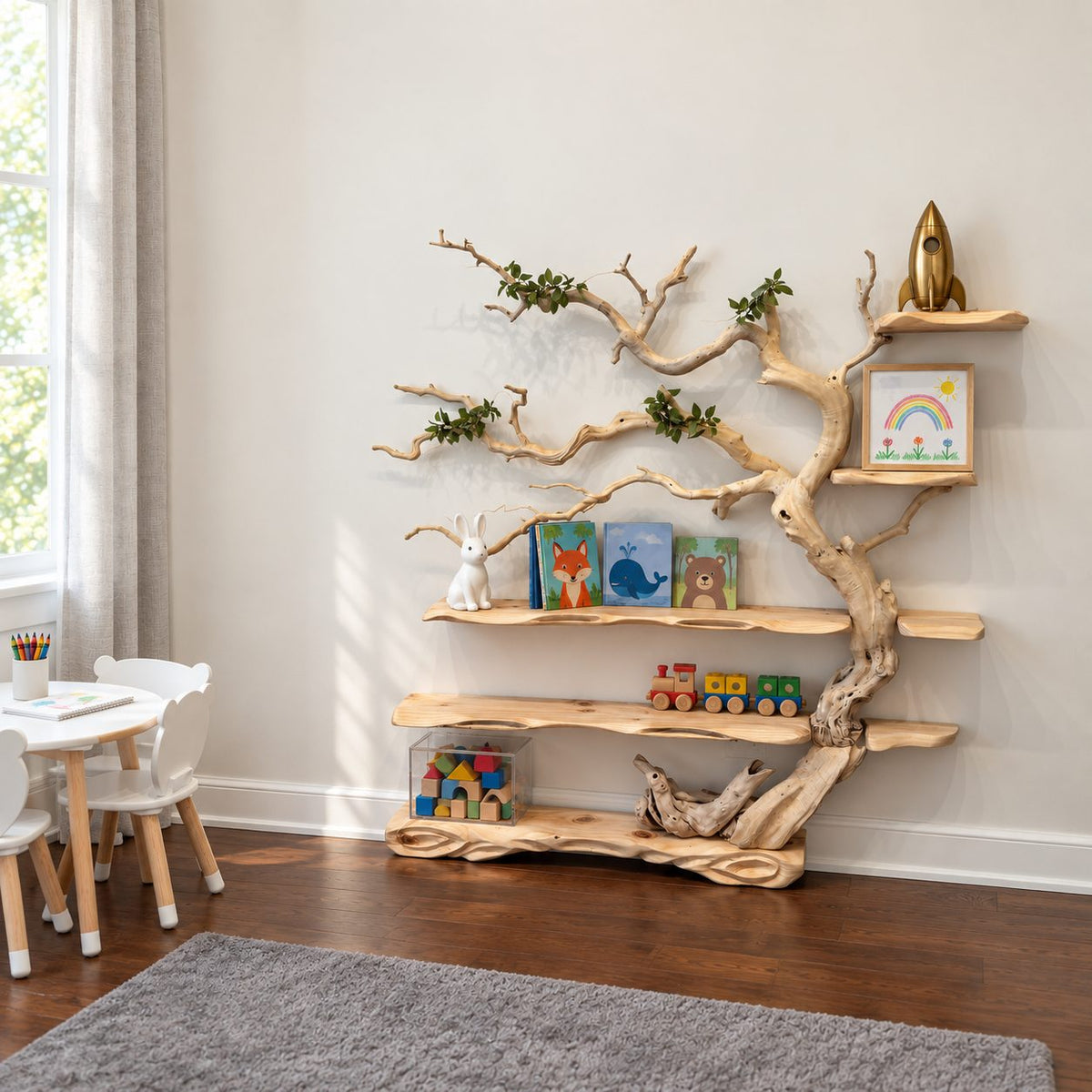 Tree Bookshelf, Standing Driftwood Style Branch Shelf with Long Live Edge Shelves for Kids Room
