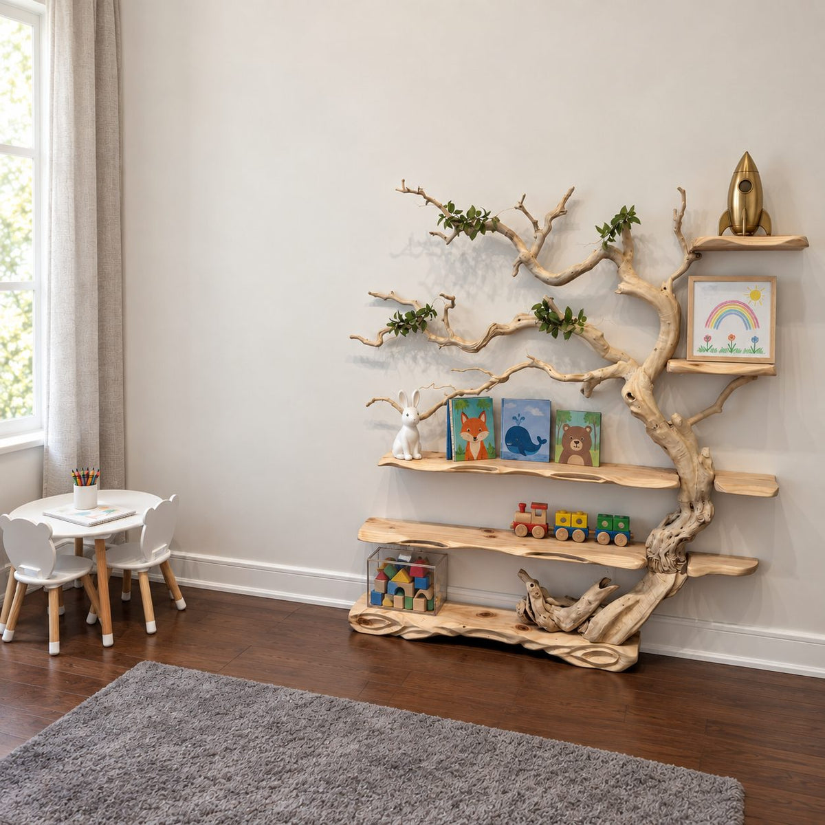 Tree Bookshelf, Standing Driftwood Style Branch Shelf with Long Live Edge Shelves for Kids Room