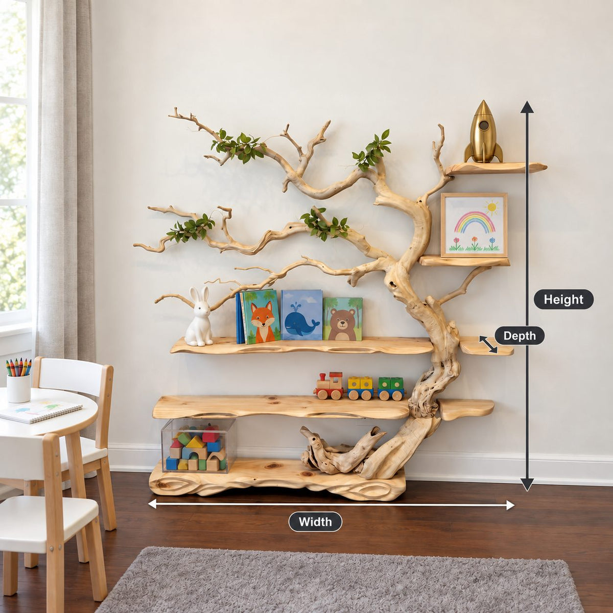 Tree Bookshelf, Standing Driftwood Style Branch Shelf with Long Live Edge Shelves for Kids Room