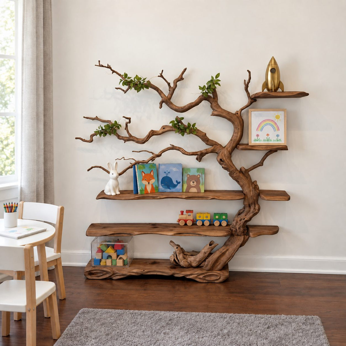 Tree Bookshelf, Standing Driftwood Style Branch Shelf with Long Live Edge Shelves for Kids Room