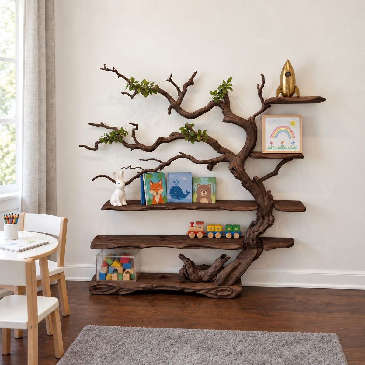 Tree Bookshelf, Standing Driftwood Style Branch Shelf with Long Live Edge Shelves for Kids Room