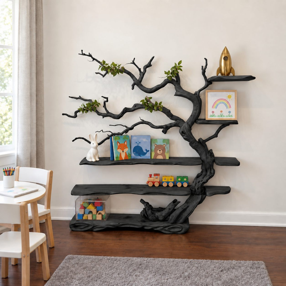 Tree Bookshelf, Standing Driftwood Style Branch Shelf with Long Live Edge Shelves for Kids Room