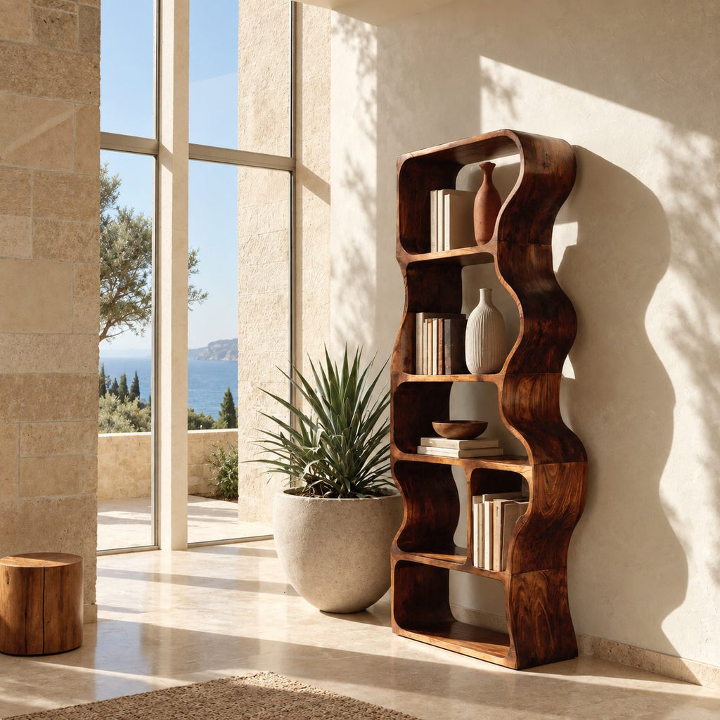 Wavy Bookshelf, Tall Narrow Freestanding Wood Bookcase with Rippling Curved Sides and Open Cubbies