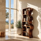 Wavy Bookshelf, Tall Narrow Freestanding Wood Bookcase with Rippling Curved Sides and Open Cubbies