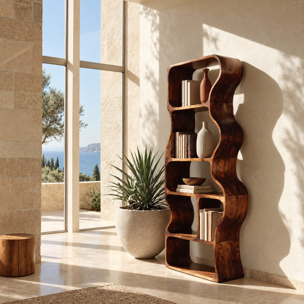 Wavy Bookshelf, Tall Narrow Freestanding Wood Bookcase with Rippling Curved Sides and Open Cubbies