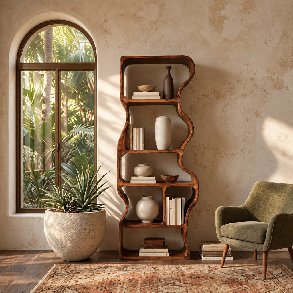 Wavy Bookshelf, Tall Narrow Freestanding Wood Bookcase with Rippling Curved Sides and Open Cubbies