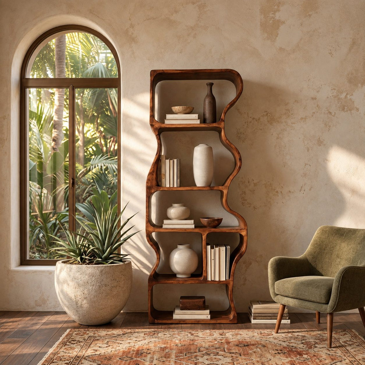 Wavy Bookshelf, Tall Narrow Freestanding Wood Bookcase with Rippling Curved Sides and Open Cubbies