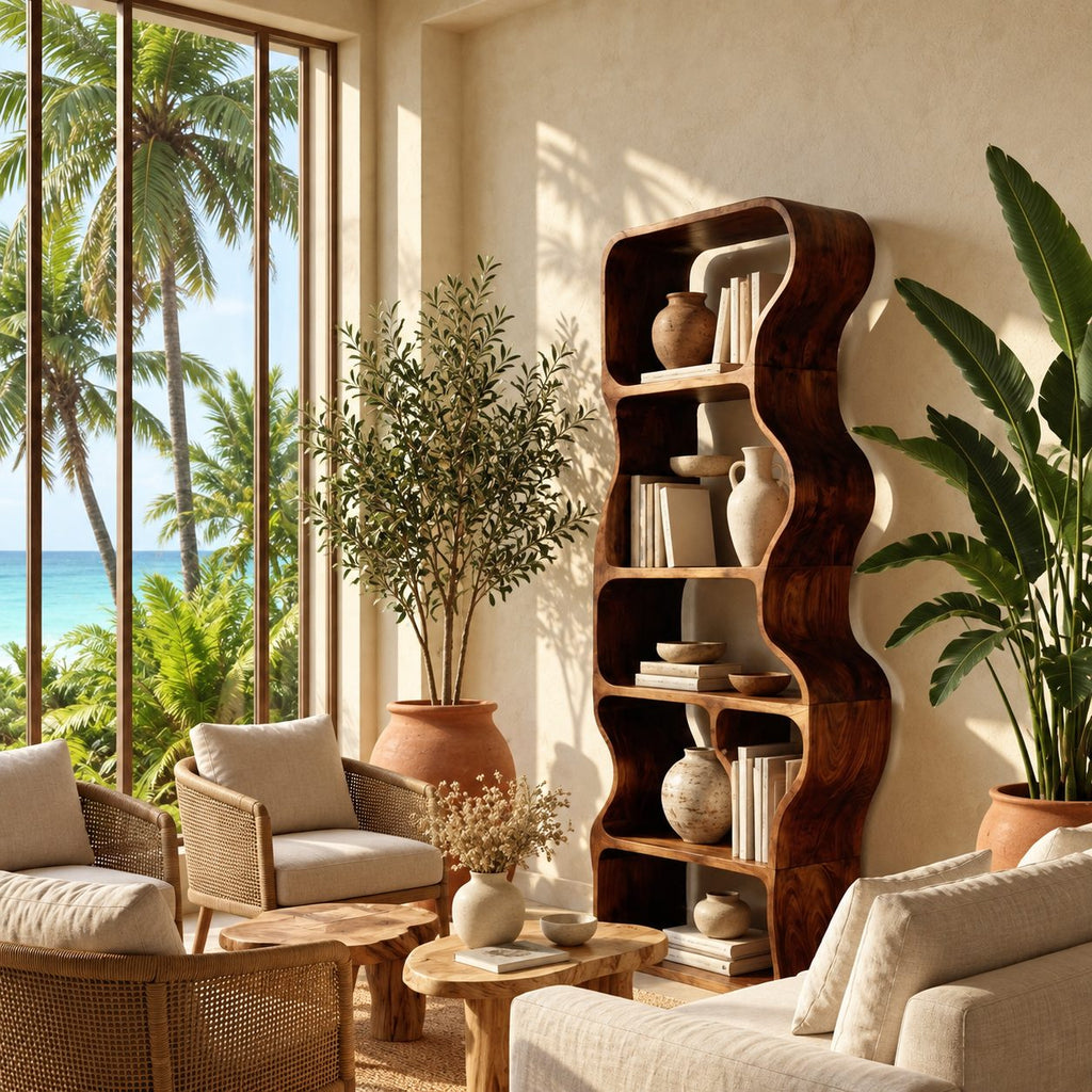 Wavy Bookshelf, Tall Narrow Freestanding Wood Bookcase with Rippling Curved Sides and Open Cubbies