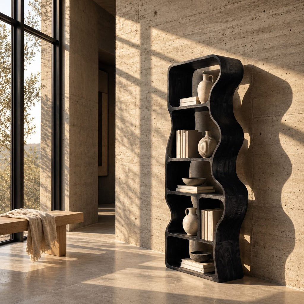 Wavy Bookshelf, Tall Narrow Freestanding Wood Bookcase with Rippling Curved Sides and Open Cubbies