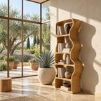 Wavy Bookshelf, Tall Narrow Freestanding Wood Bookcase with Rippling Curved Sides and Open Cubbies
