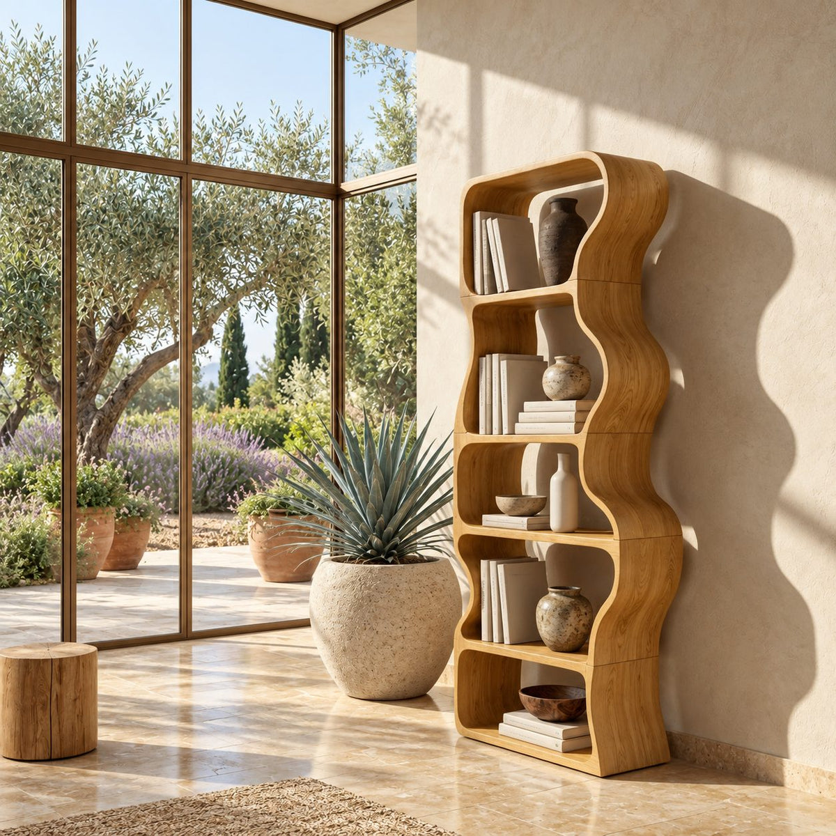 Wavy Bookshelf, Tall Narrow Freestanding Wood Bookcase with Rippling Curved Sides and Open Cubbies