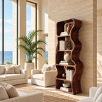 Wavy Bookshelf, Tall Narrow Freestanding Wood Bookcase with Rippling Curved Sides and Open Cubbies