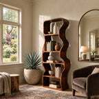 Wavy Bookshelf, Tall Narrow Freestanding Wood Bookcase with Rippling Curved Sides and Open Cubbies