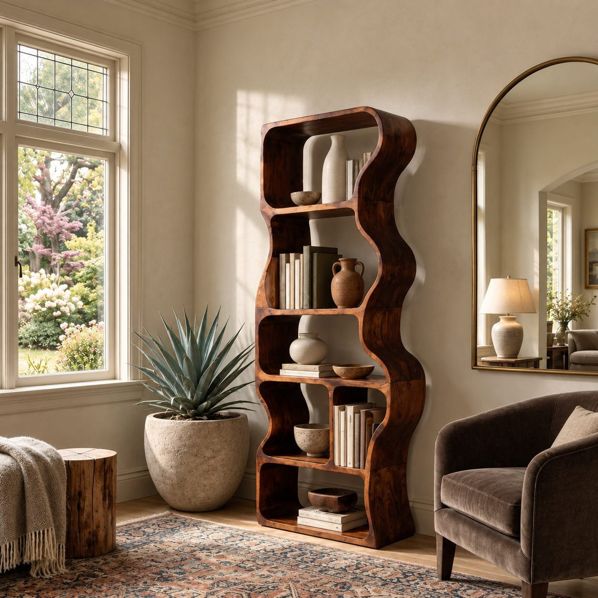 Wavy Bookshelf, Tall Narrow Freestanding Wood Bookcase with Rippling Curved Sides and Open Cubbies