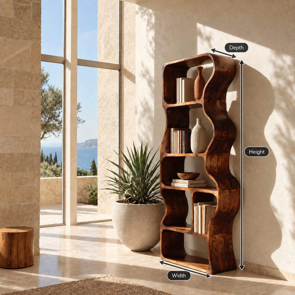 Wavy Bookshelf, Tall Narrow Freestanding Wood Bookcase with Rippling Curved Sides and Open Cubbies