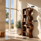 Wavy Bookshelf, Tall Narrow Freestanding Wood Bookcase with Rippling Curved Sides and Open Cubbies