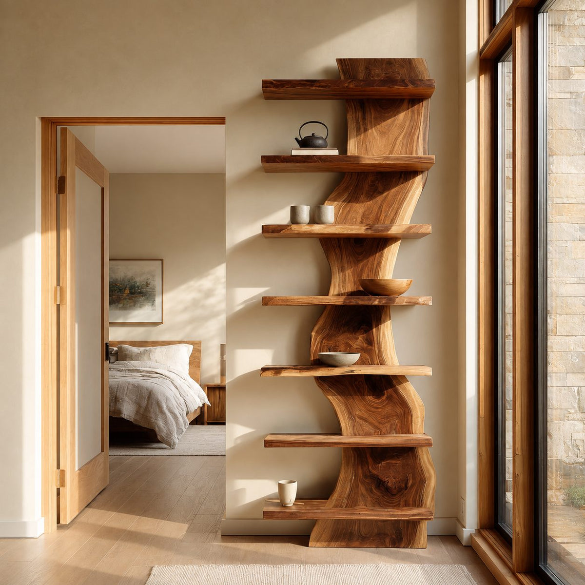 Live Edge Bookshelf, Narrow Standing Tower Shelf with Twisting Slab Spine and Flat Shelves on Both Sides