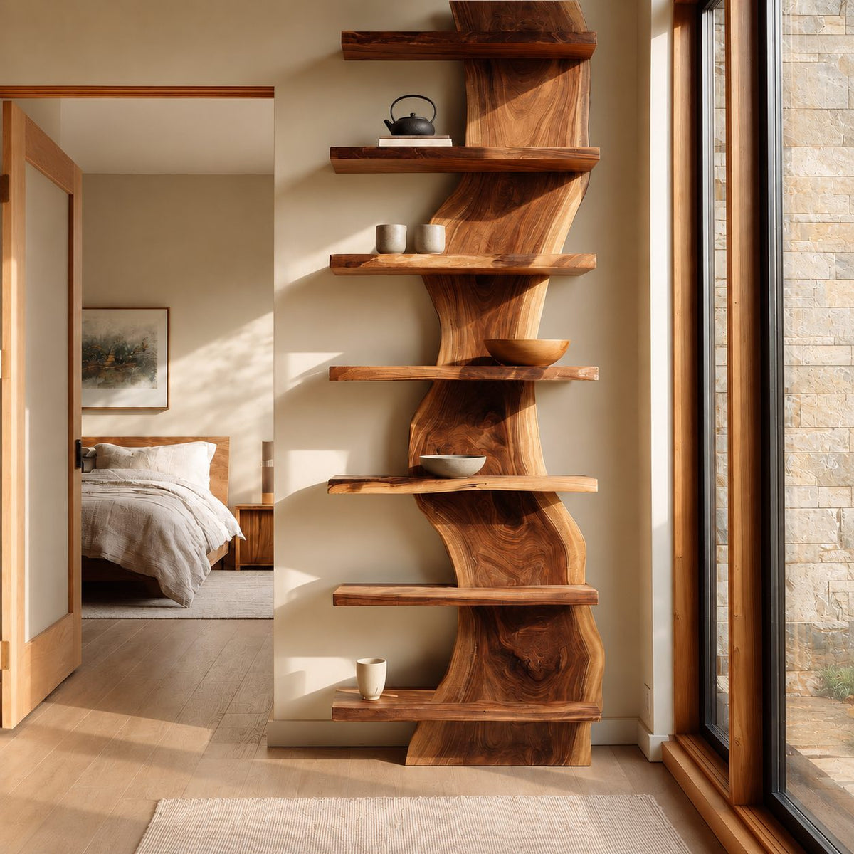Live Edge Bookshelf, Narrow Standing Tower Shelf with Twisting Slab Spine and Flat Shelves on Both Sides