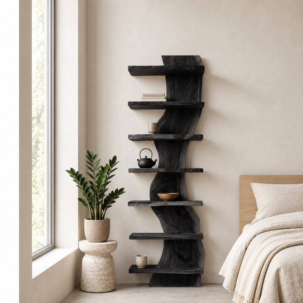 Live Edge Bookshelf, Narrow Standing Tower Shelf with Twisting Slab Spine and Flat Shelves on Both Sides