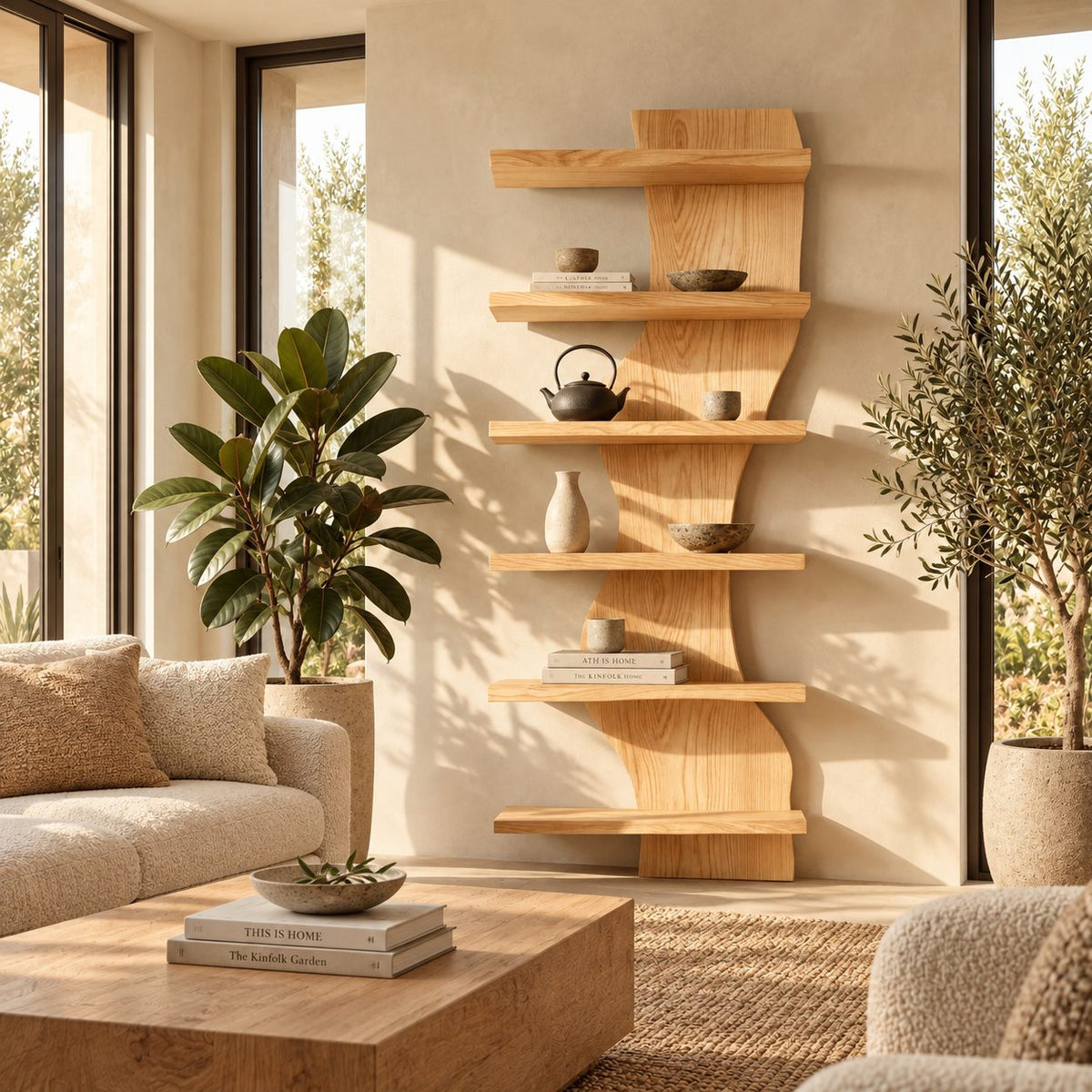 Live Edge Bookshelf, Narrow Standing Tower Shelf with Twisting Slab Spine and Flat Shelves on Both Sides