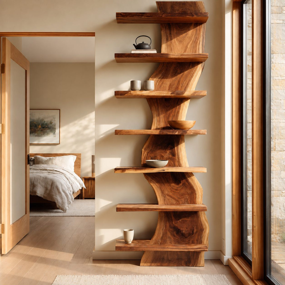 Live Edge Bookshelf, Narrow Standing Tower Shelf with Twisting Slab Spine and Flat Shelves on Both Sides