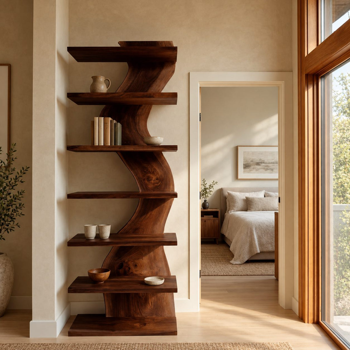 Live Edge Bookshelf, Narrow Standing Tower Shelf with Twisting Slab Spine and Flat Shelves on Both Sides