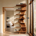 Live Edge Bookshelf, Narrow Standing Tower Shelf with Twisting Slab Spine and Flat Shelves on Both Sides