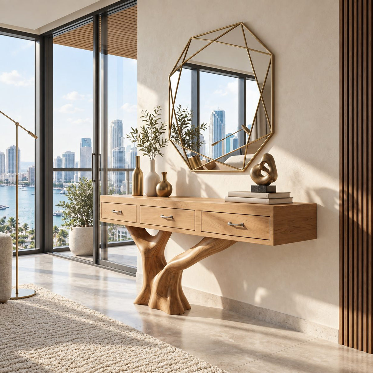 Live Edge Console Table with 3 Drawers on Carved Tree Root Base, Solid Wood Entryway Table