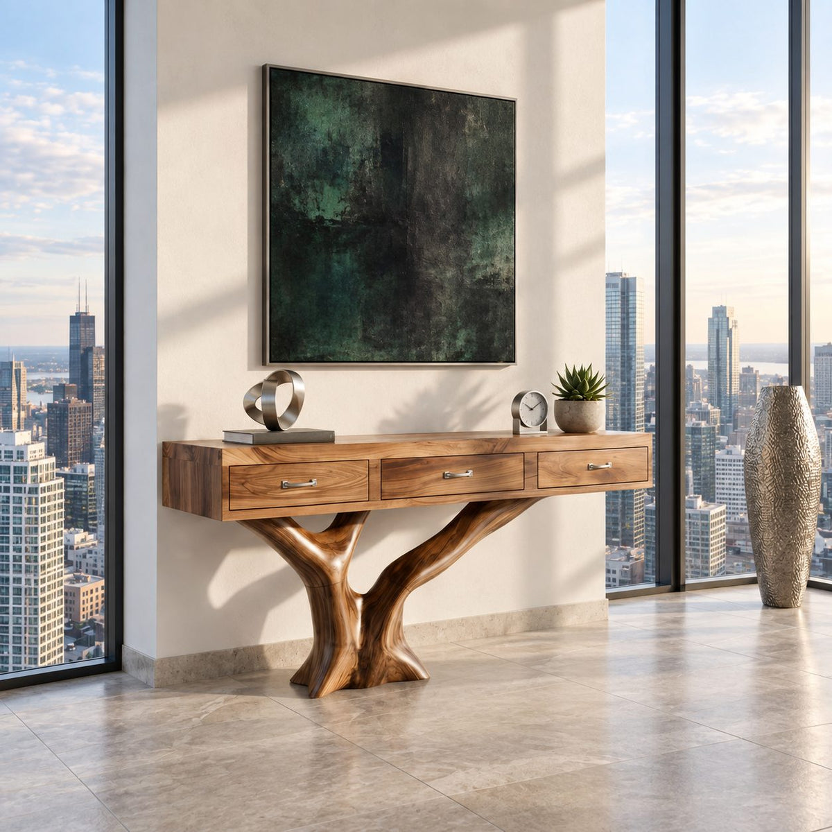 Live Edge Console Table with 3 Drawers on Carved Tree Root Base, Solid Wood Entryway Table