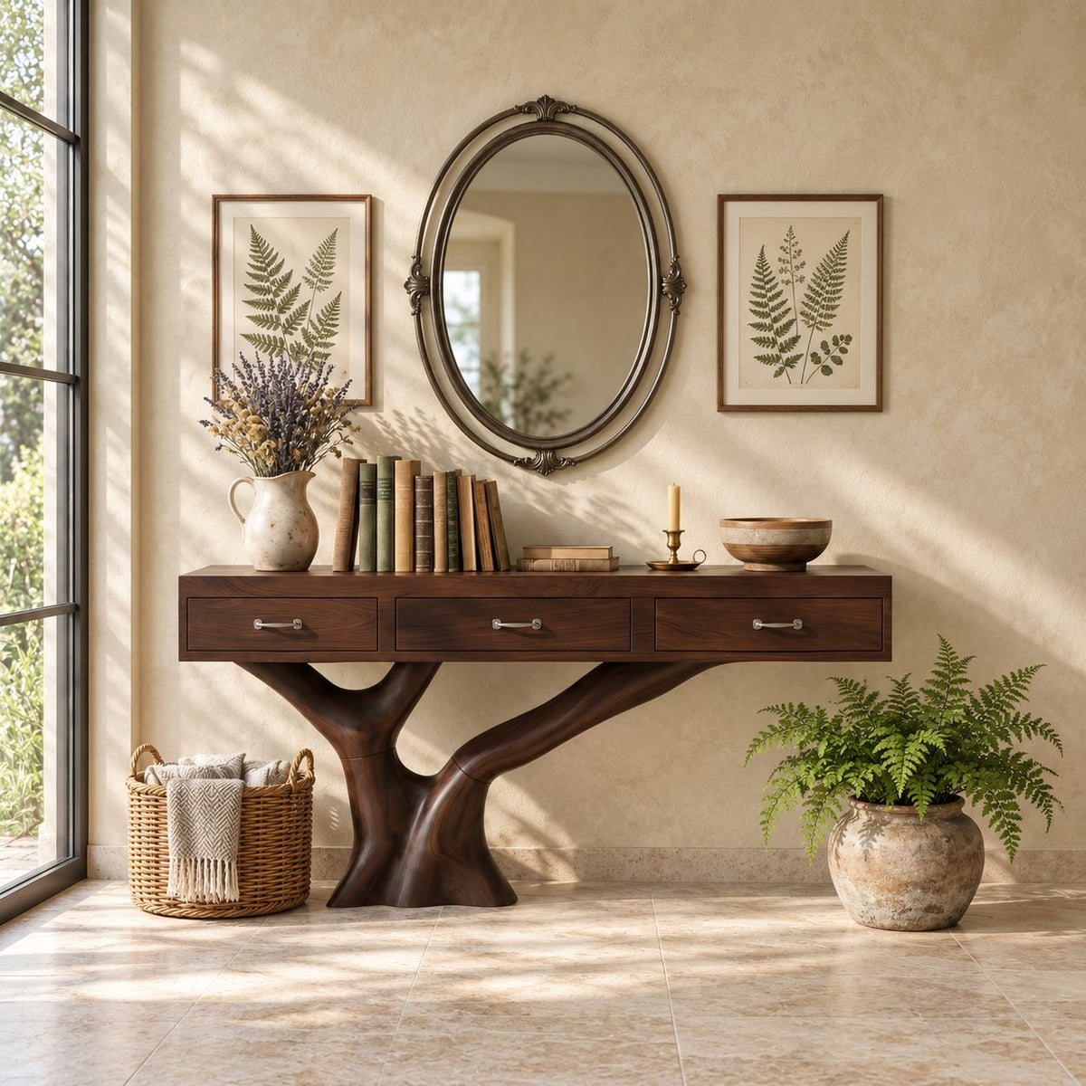 Live Edge Console Table with 3 Drawers on Carved Tree Root Base, Solid Wood Entryway Table