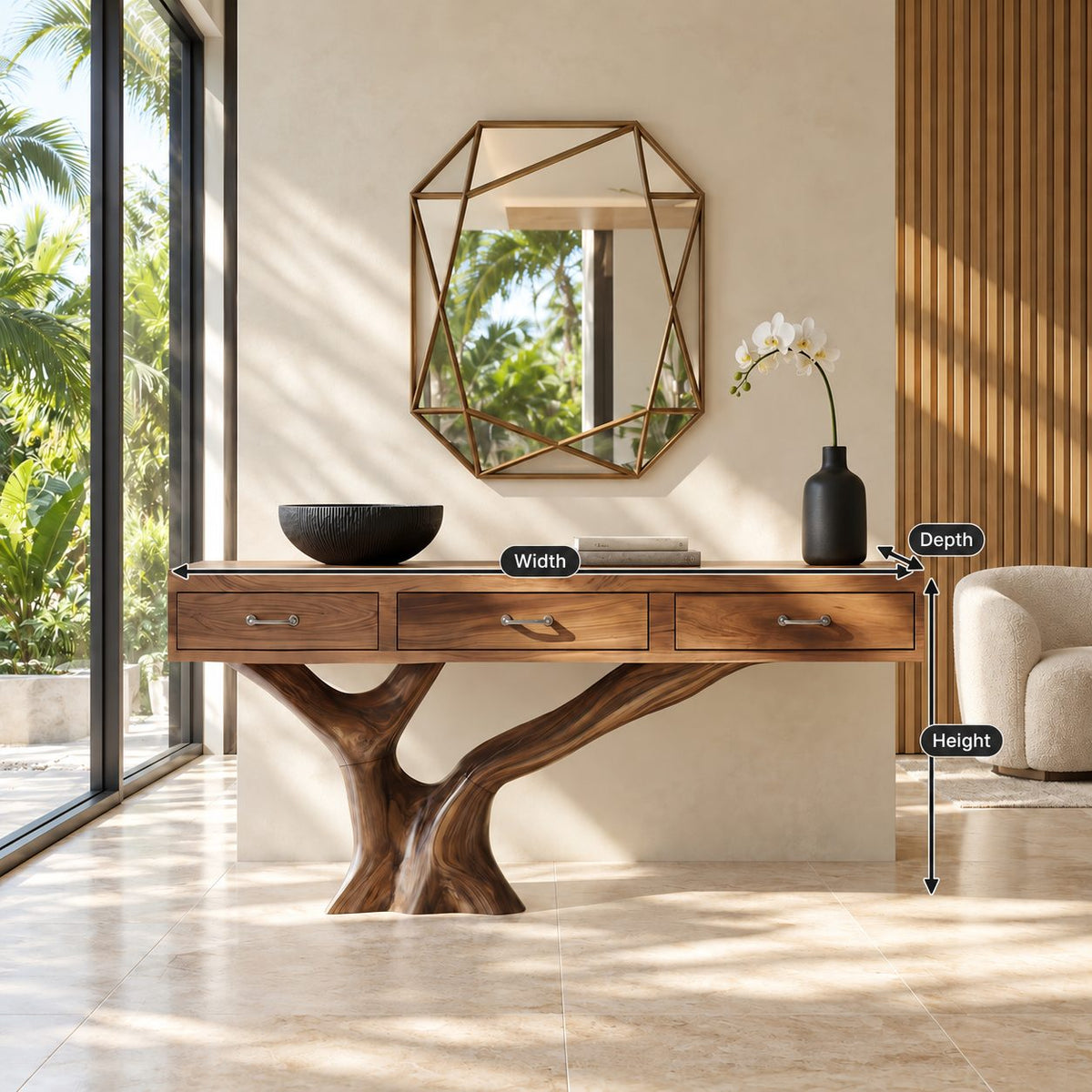 Live Edge Console Table with 3 Drawers on Carved Tree Root Base, Solid Wood Entryway Table