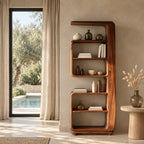 Curved Bookshelf, Tall Narrow Mid Century Wood Bookcase with Overhanging Cap and Rounded Open Shelves