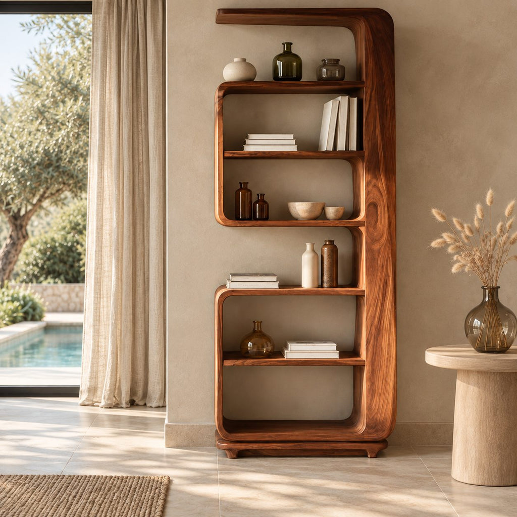 Curved Bookshelf, Tall Narrow Mid Century Wood Bookcase with Overhanging Cap and Rounded Open Shelves