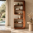 Curved Bookshelf, Tall Narrow Mid Century Wood Bookcase with Overhanging Cap and Rounded Open Shelves