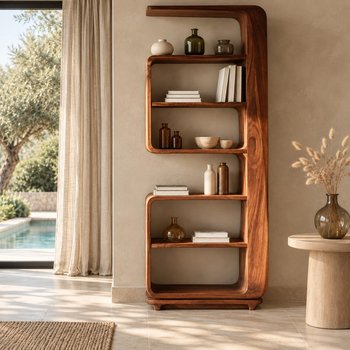 Curved Bookshelf, Tall Narrow Mid Century Wood Bookcase with Overhanging Cap and Rounded Open Shelves