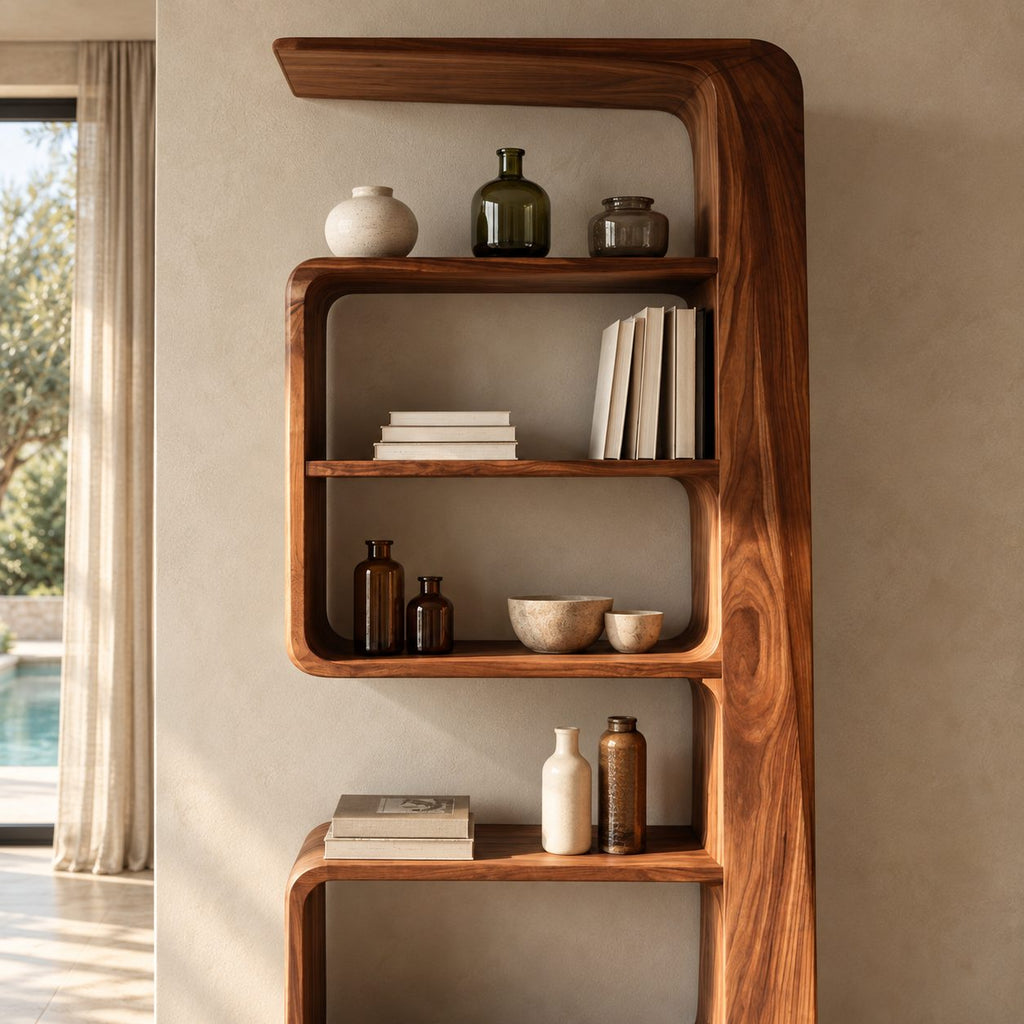 Curved Bookshelf, Tall Narrow Mid Century Wood Bookcase with Overhanging Cap and Rounded Open Shelves