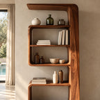 Curved Bookshelf, Tall Narrow Mid Century Wood Bookcase with Overhanging Cap and Rounded Open Shelves