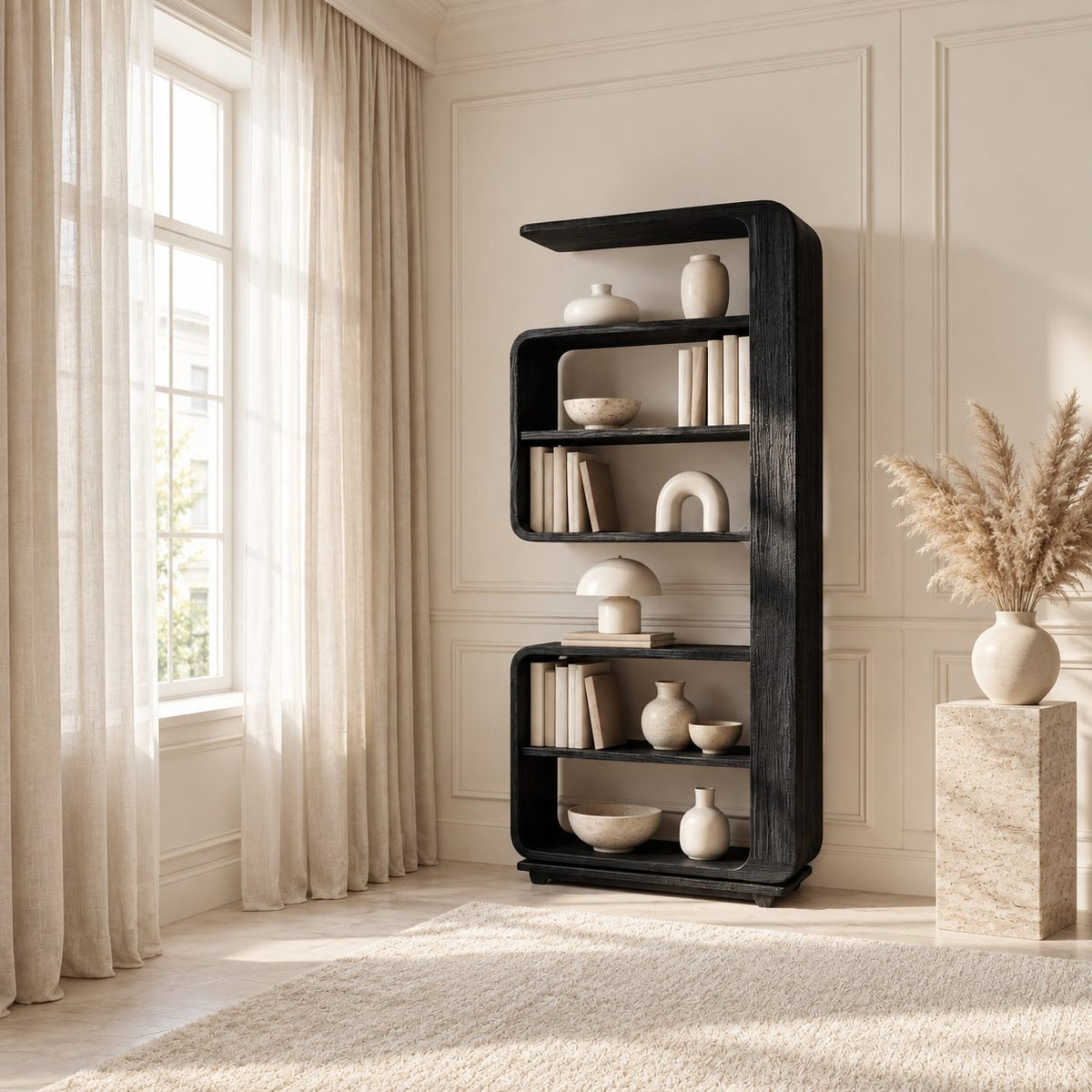 Curved Bookshelf, Tall Narrow Mid Century Wood Bookcase with Overhanging Cap and Rounded Open Shelves