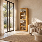 Curved Bookshelf, Tall Narrow Mid Century Wood Bookcase with Overhanging Cap and Rounded Open Shelves
