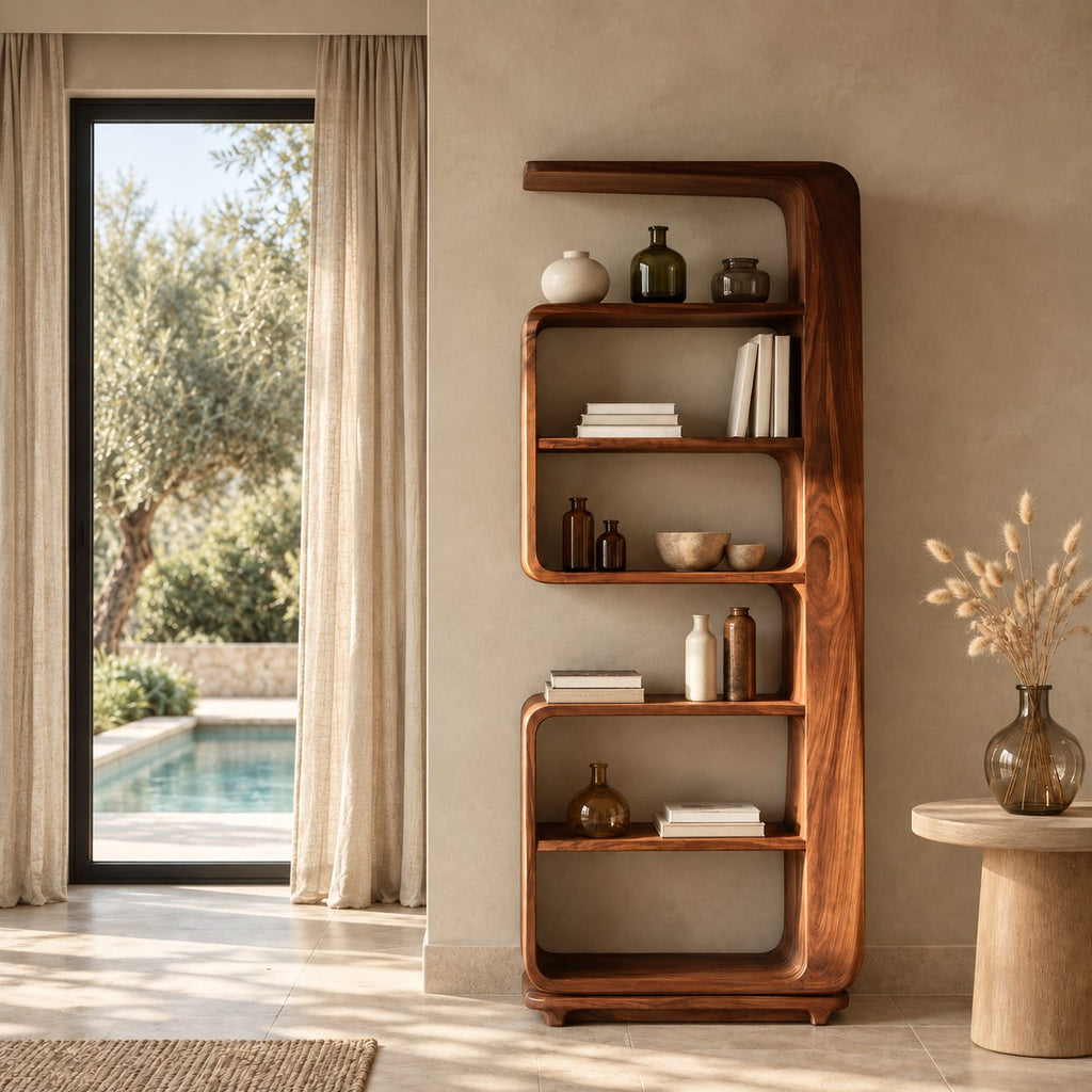 Curved Bookshelf, Tall Narrow Mid Century Wood Bookcase with Overhanging Cap and Rounded Open Shelves
