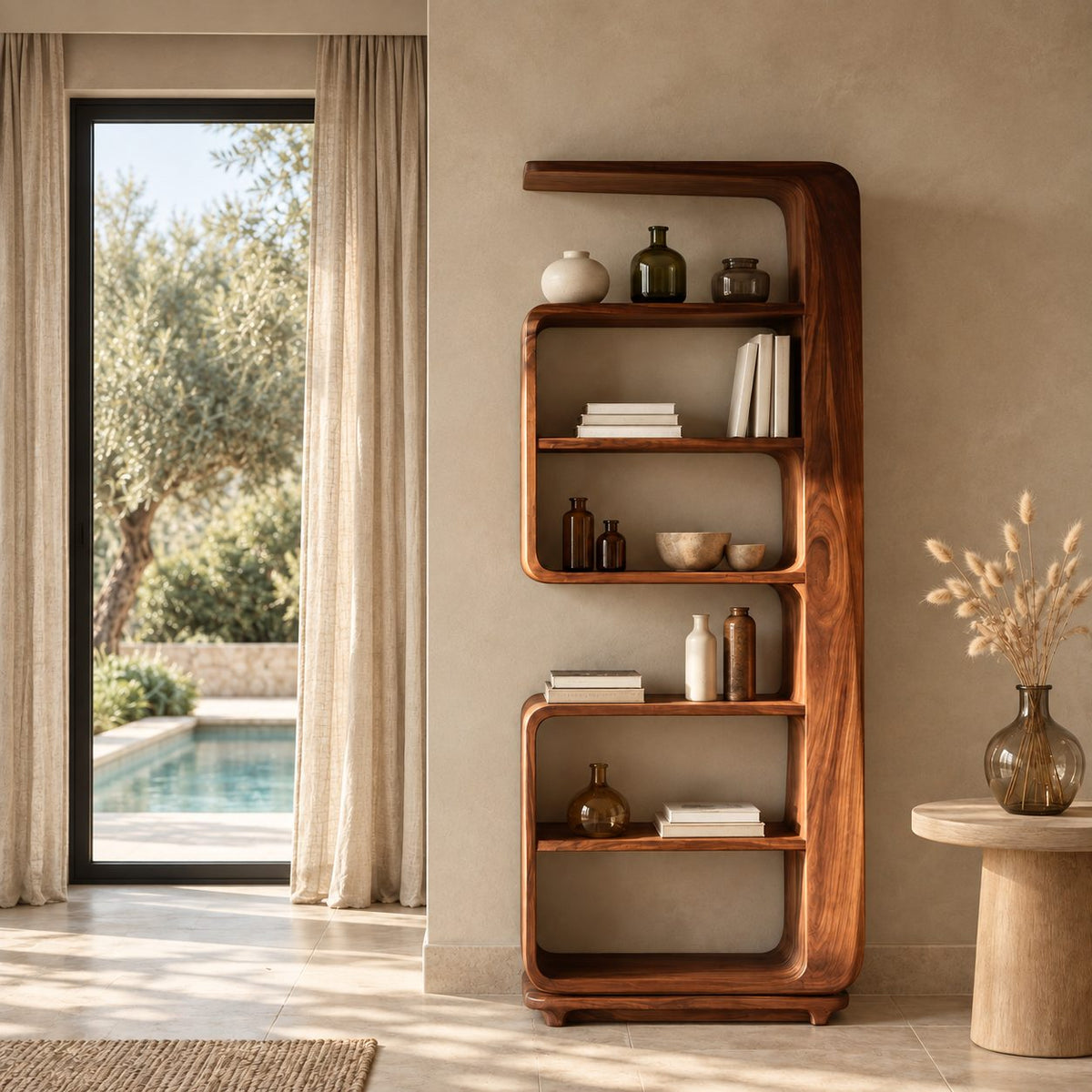 Curved Bookshelf, Tall Narrow Mid Century Wood Bookcase with Overhanging Cap and Rounded Open Shelves