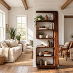 Curved Bookshelf, Tall Narrow Mid Century Wood Bookcase with Overhanging Cap and Rounded Open Shelves