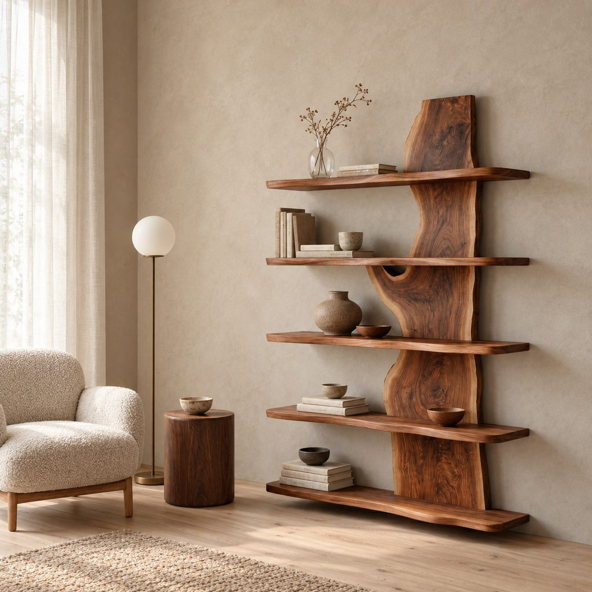 Live Edge Bookshelf, Standing Slab Spine Shelf with Long Shelves Reaching Both Ways for Living Room