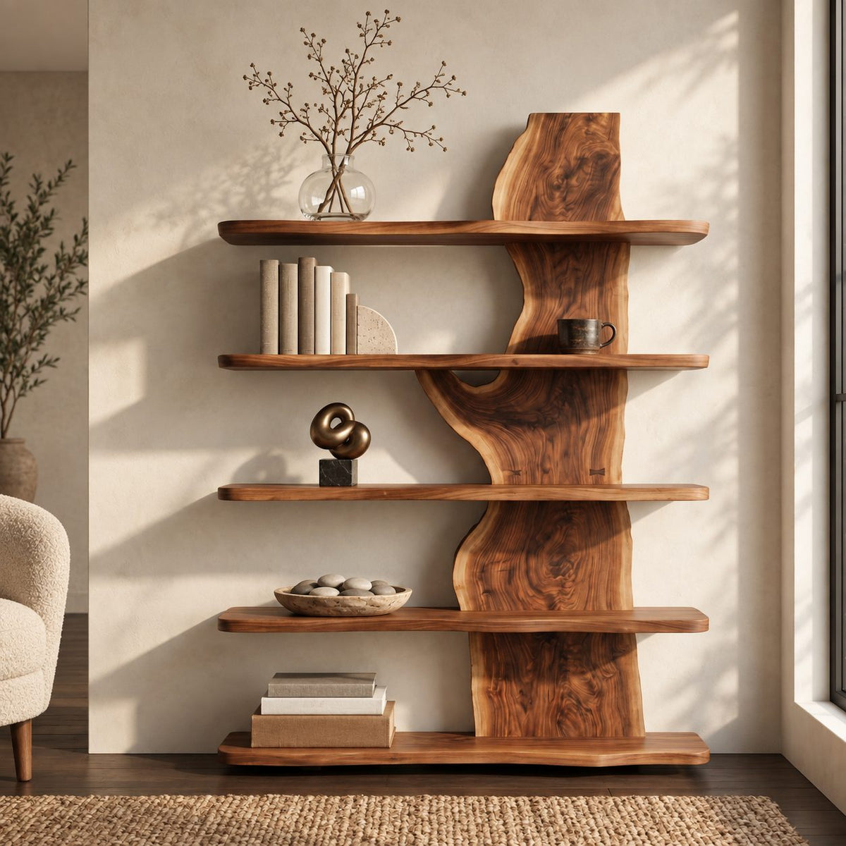 Live Edge Bookshelf, Standing Slab Spine Shelf with Long Shelves Reaching Both Ways for Living Room